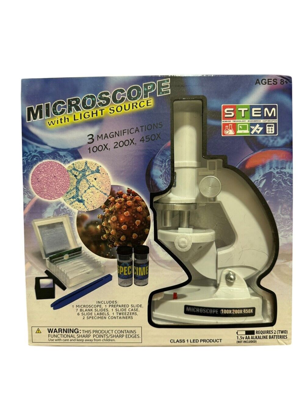 STEM Microscope Kit With Light Source 100x 200x 450x Kids Educational Ages 8+
